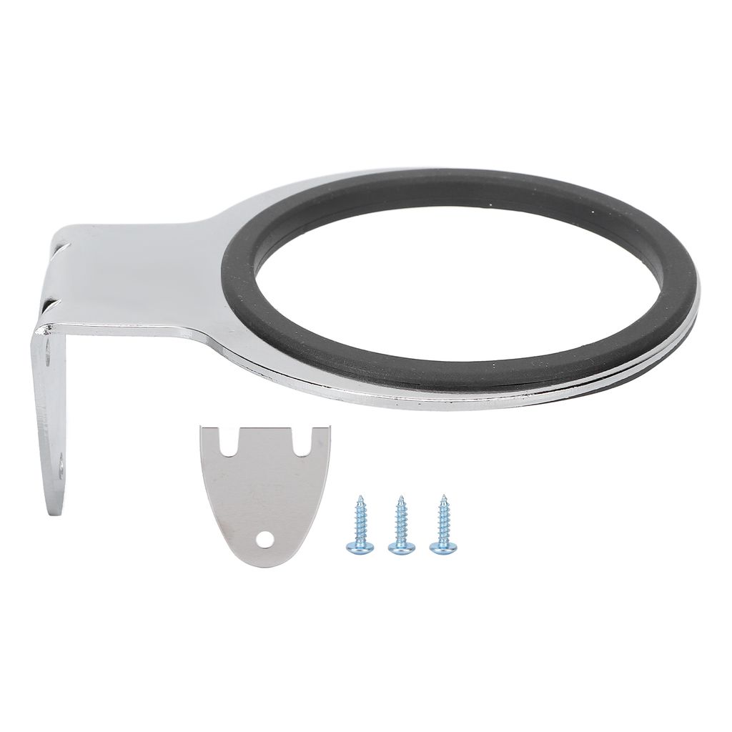 A chrome-finished hairdryer holder with a black rubber ring, along with a mounting plate and three screws, is displayed against a white background.