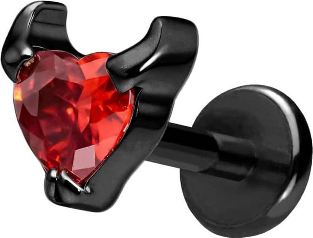Ohrpiercing, Nasenpiercing Titan Labret mit Push Fit TEUFELSHERZ Schwarz Stablänge: 5mm | Stabstärke: 1mm