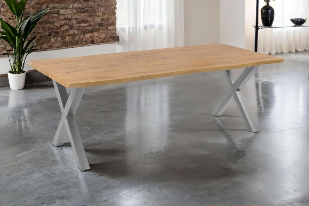Esstisch Josy | 240 x 100 cm | Holz Wildeiche-Optik | X-Gestell Metall Silber | 40 mm Tischplatte mit Baumkante | Tisch für Esszimmer & Küche