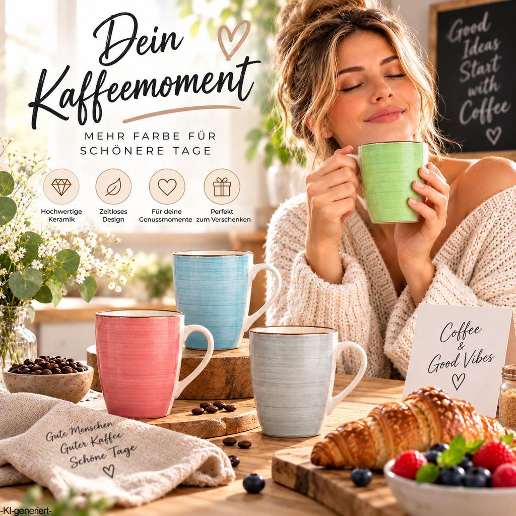8er Set Kaffeetassen 360 ml – Bunte Keramik Kaffeebecher