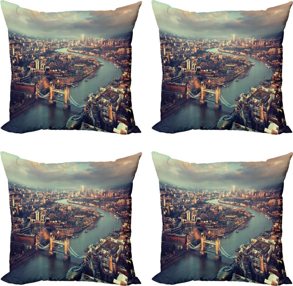 ABAKUHAUS London Kissenbezug Set (4 Stück), Thames River und Brücke, Moderner Doppelseitiger Digitaldruck, 45 cm x 45 cm, Almond, Grün, Orange