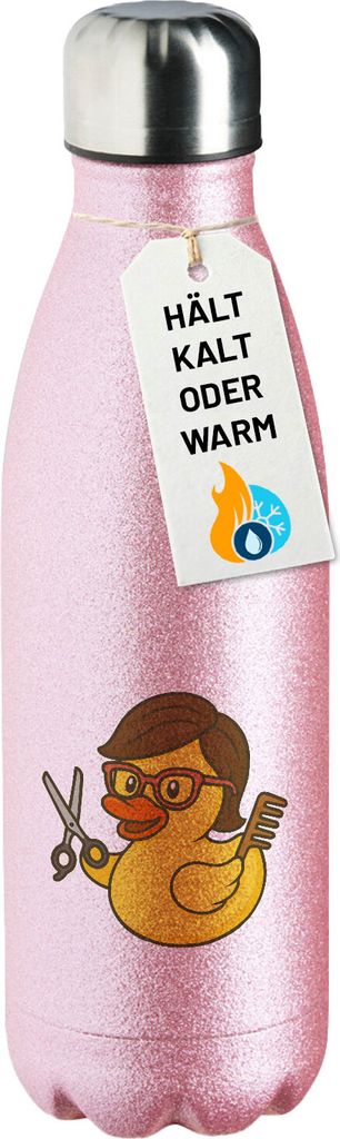 Huuraa Trinkflasche Quietscheente Friseurin Comic Gummiente 500ml Pink Edelstahl Wasserflasche Trinkflasche Geschenkidee