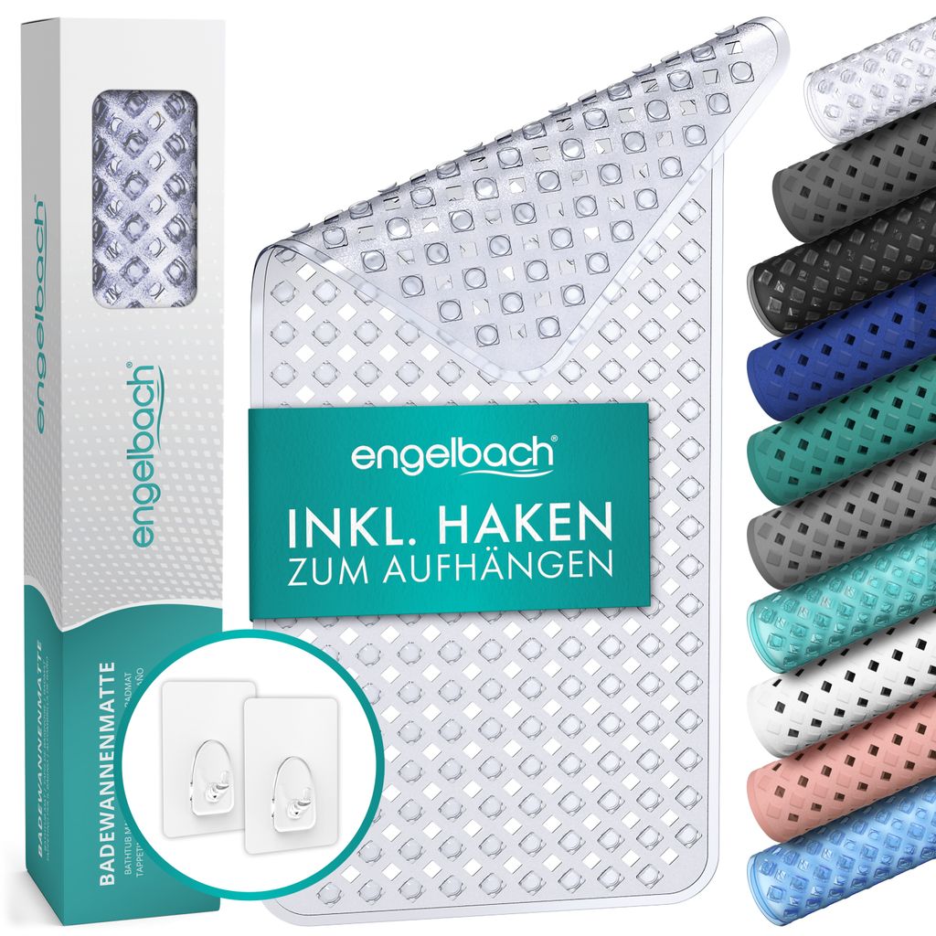 Engelbach Badewannenmatte 88x40cm rutschfest mit Aufhängung - Antirutschmatte Badewanne - 100 % BPA frei - maschinenwaschbar - transparent