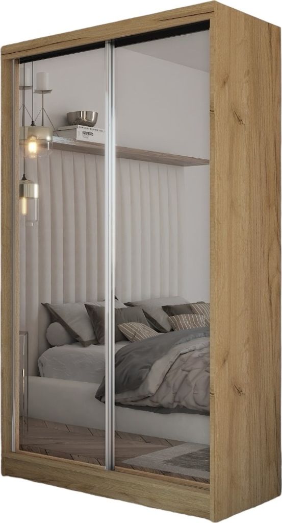 120 cm Kleiderschrank Darix mit Spiegel inklusive 2 Schiebetüren Schwebetürenschrank (Farbe: artisan)