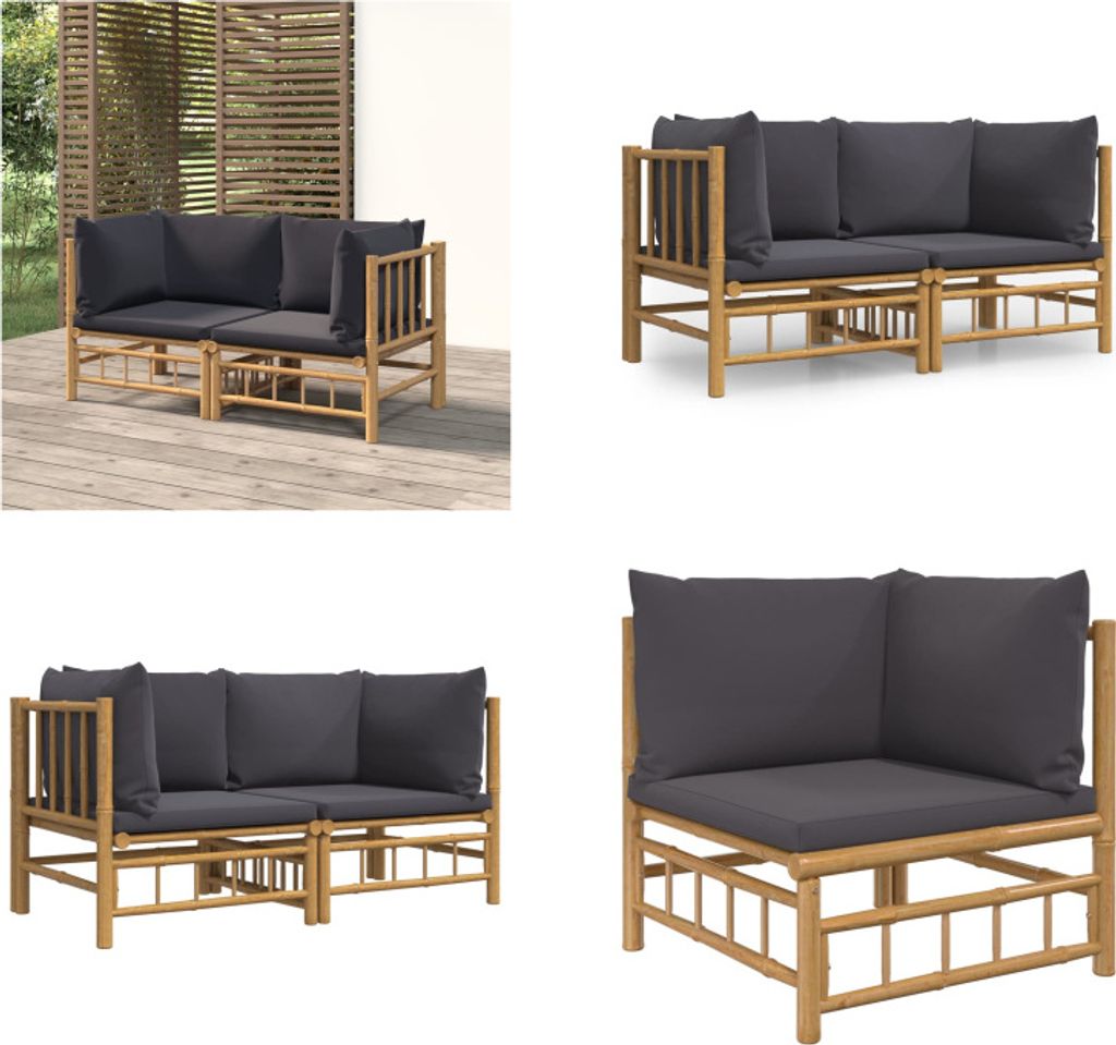 vidaXL Garten Ecksofas mit Dunkelgrauen Kissen 2 Stk. Bambus - Garten Ecksofa - Garten Ecksofas - Outdoor Ecksofa - Ecksofa Terrasse