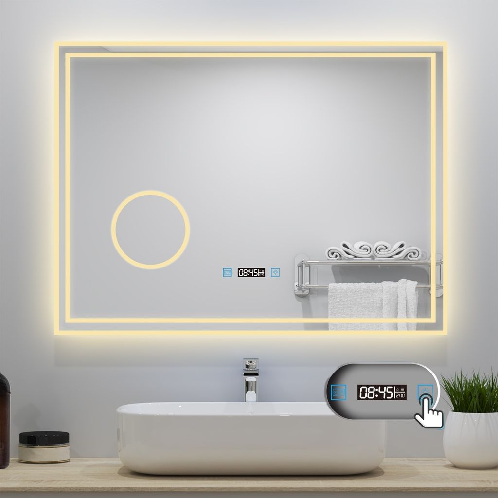 AICA LED Badspiegel 80x60cm mit Beschlagfrei Uhr Produktbild 