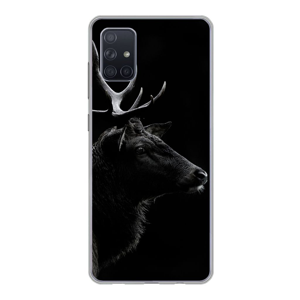 MuchoWow Handyhülle Schutzhülle Hülle für Samsung Galaxy A71 Hirsch - Schwarz - Porträt - Geweih - Tiere Silikon Softcase Handy Hülle - Kar...