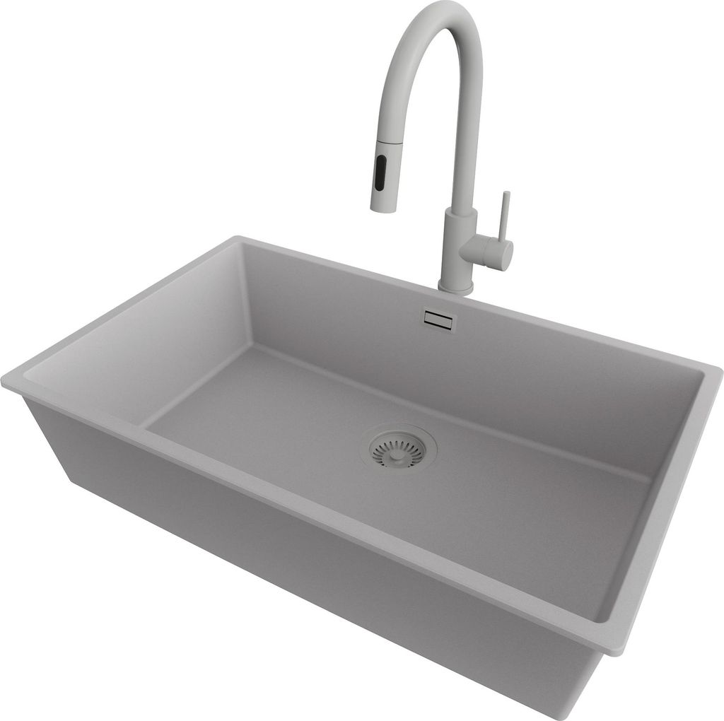 PRIMAGRAN Unterbauspüle Granit Grau 76x47cm, Spülbecken 1 Becken + Küchenarmatur 40x20cm + Ablauf-Set, Granitspüle ab 80er Unterschrank - London