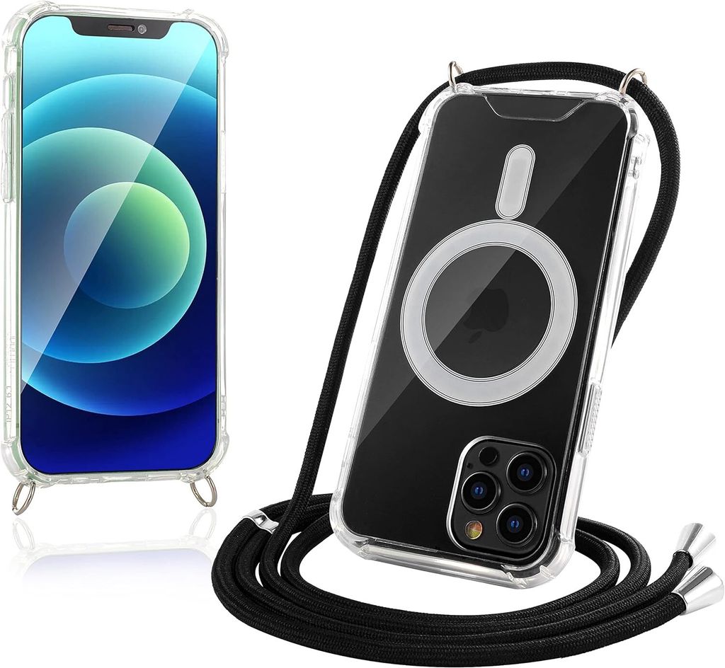 JProtect Magnetische Handykette für iPhone 12 / 12 Pro für Magsafe Hülle/iPhone 12 / 12 Pro Hülle mit Band für MagSafe zum Umhängen Schwarz K...