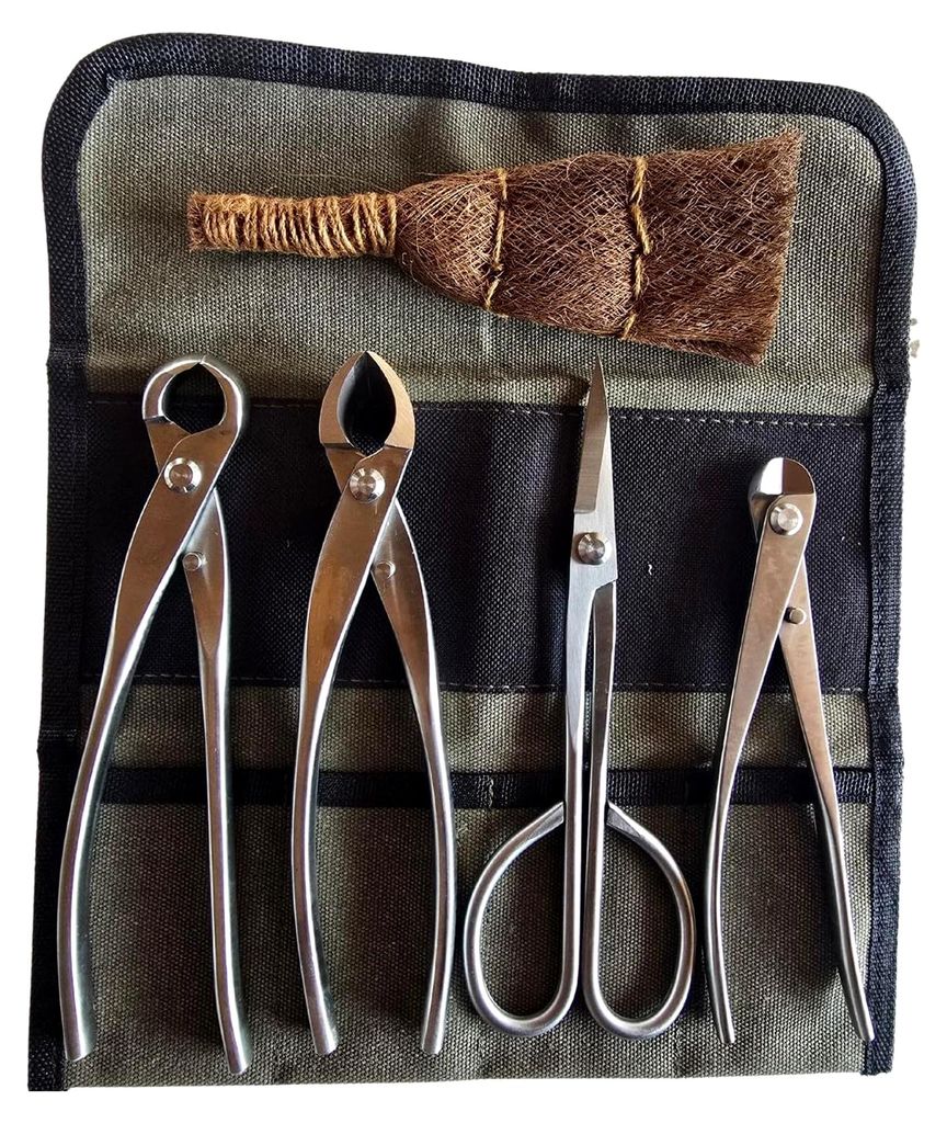 5-teiliges Edelstahl-Werkzeugset mit Rolltasche – Bonsai-Schere, Drahtschneider, Konkavzange, Knospenzange & Kokosbesen – Set für Indoor- und ...