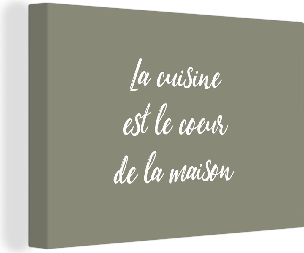 OneMillionCanvasses - Leinwandbilder - 140x90 cm, Sprichwörter - Olivgrün - La cuisine est le coeur de la maison - Zitat, Wandbilder Kunstdruck...