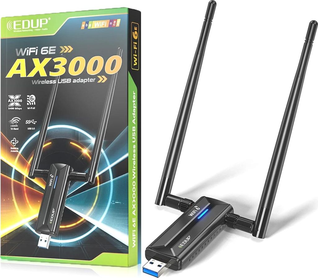 BRAINZAP 3000 Mbps USB 3.0 Tri-Band/Dual-Band WIFI 6 WLAN Stick Adapter AX3000 802.11ax 2,4/5,8G/6,0G 802.11ax/ac/a/b/g/n