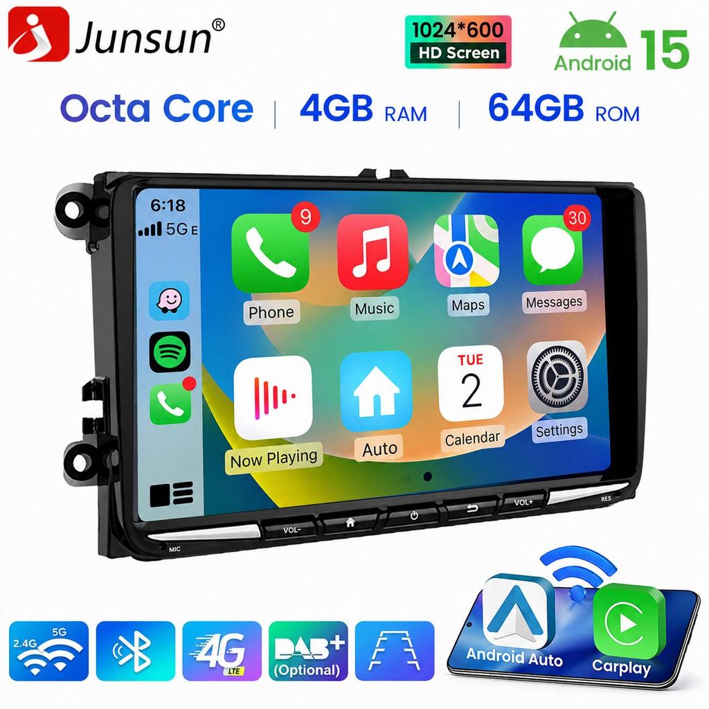 4+64G Android 15 Carplay Autoradio GPS Navi WIFI 4G BT DAB+ Produktbild  KI-generiertes Bild