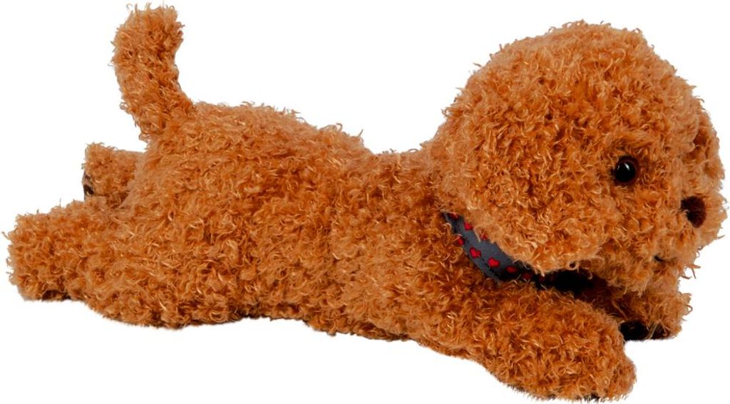 A plush toy dog lying down on a white background.