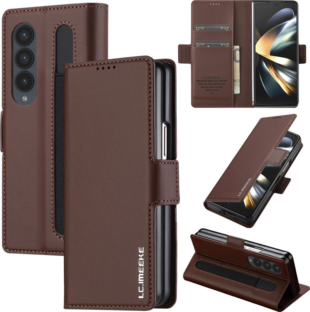 Handyhülle für Samsung Galaxy Z Fold3 5G, Magnetische Flip Leder Hülle mit Kartenfach und Standfunktion Braun
