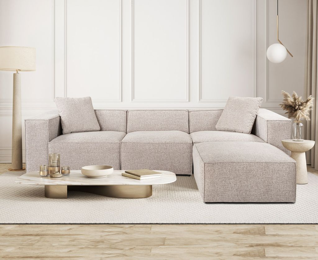 Hanah Home, Lora (L1-O1-1R-POUFFE ) - Mocha, Ecksofas, Mokka, Leinen, 303 x 65 x 193 x cm