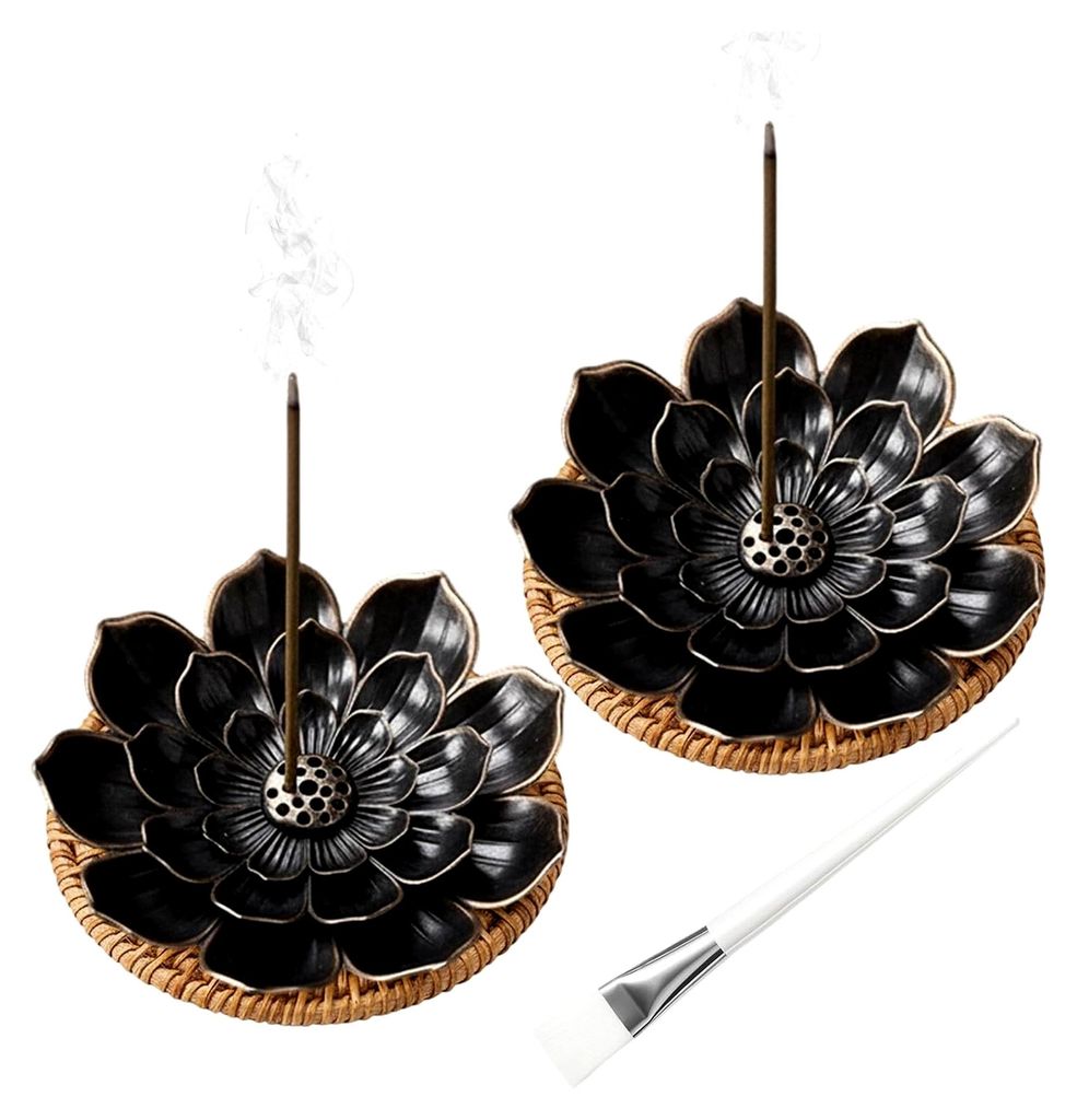 2 Stück dreistöckige Lotus-Räucherstäbchenhalter mit 2 Rattan-Untersetzern und 1 Bürste