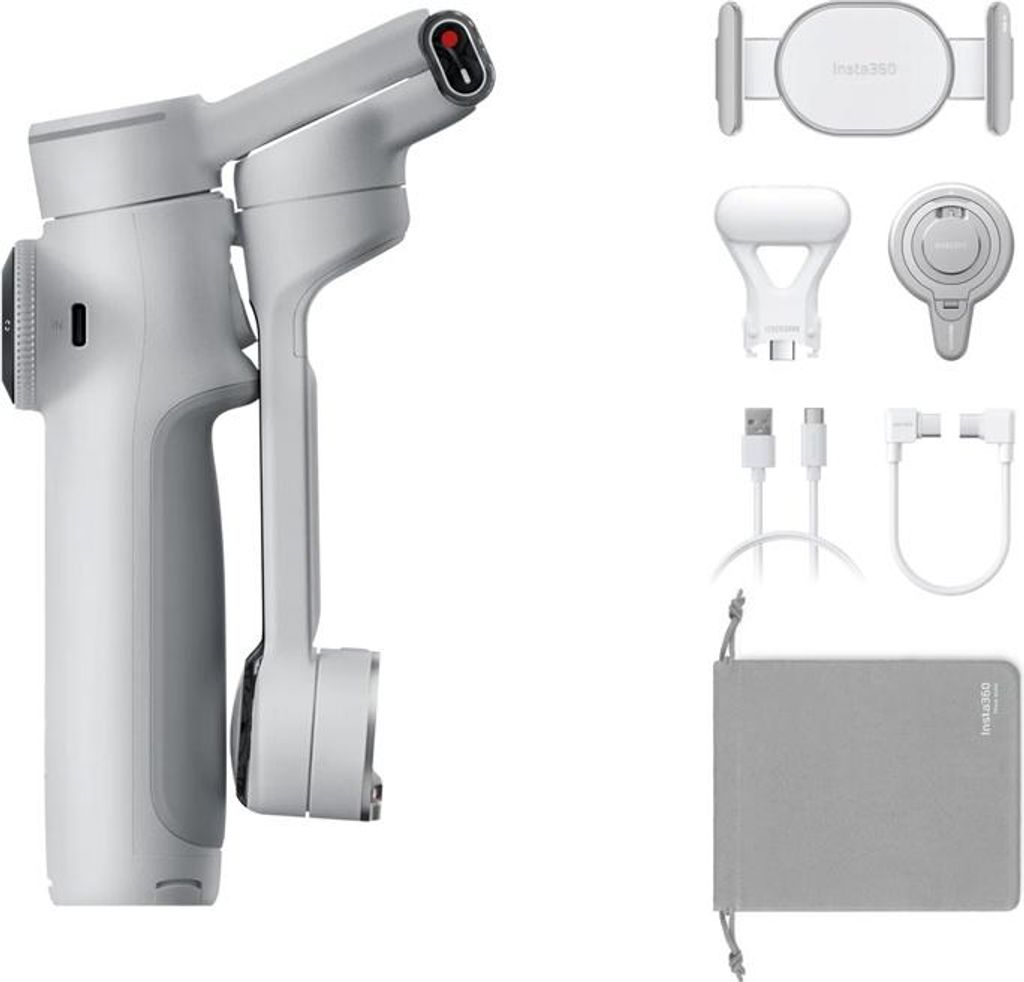 A product shot of a gimbal and its accessories against a white background.