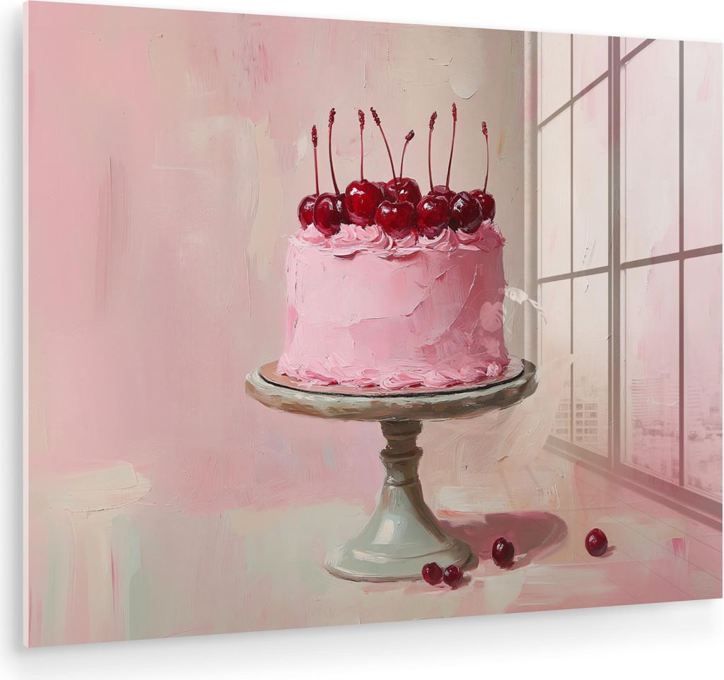 MuchoWow Glasbilder - Bilder auf Wandbild - Foto auf Glas Torte - Rosa - Kirsche 40x30 cm Wanddekoration aus Glas - Acrylglasbild - Acrylbilder - B...