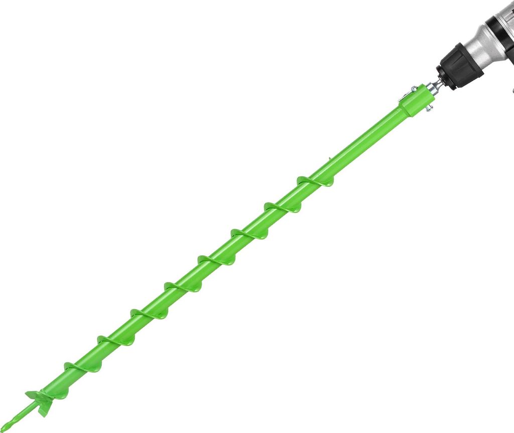 A green auger drill bit attached to a silver and black drill, shown against a white background.