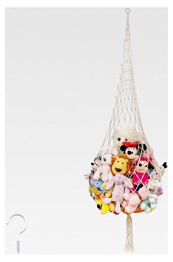 Hängematte für Kuscheltiere, Geflochtenes Baumwollseil, Cremeweißes Plüschtiernetz mit Haken und Expansionsrohr zur Aufbewahrung von Stofftiere...