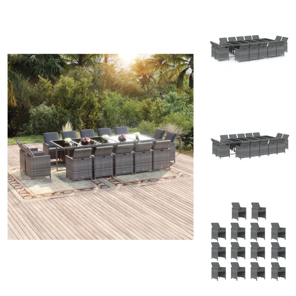 vidaXL 15-tlg. Garten-Essgruppe mit Kissen Poly Rattan Grau - Gartenmöbel-Sets