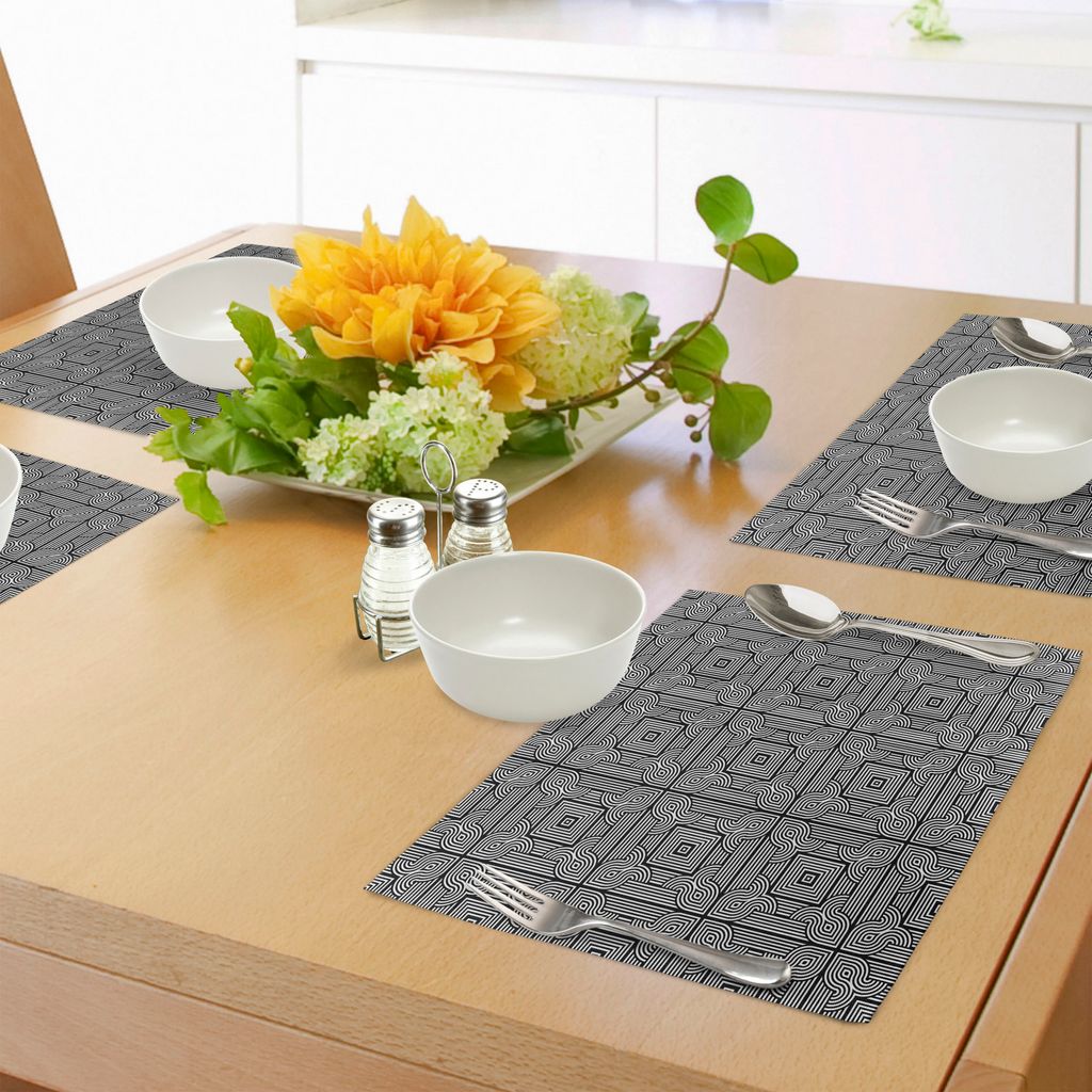 ABAKUHAUS Zeitgenössisch Platzmatten, Stripy geometrisches Muster mit wirbelnden Motiven und quadratischen Formen Fliese, Untersetzer aus Waschbar...
