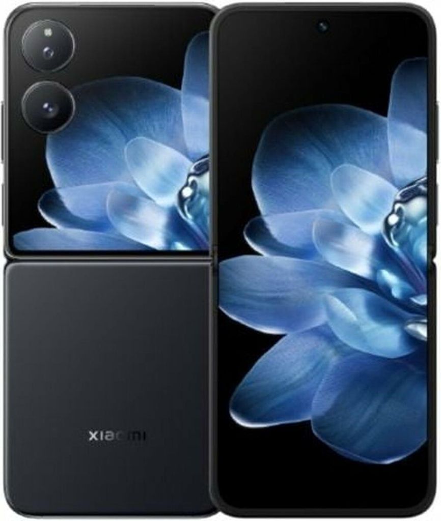 A black Xiaomi Mix Flip 5G smartphone is shown unfolded, displaying a blue floral wallpaper on both screens.
