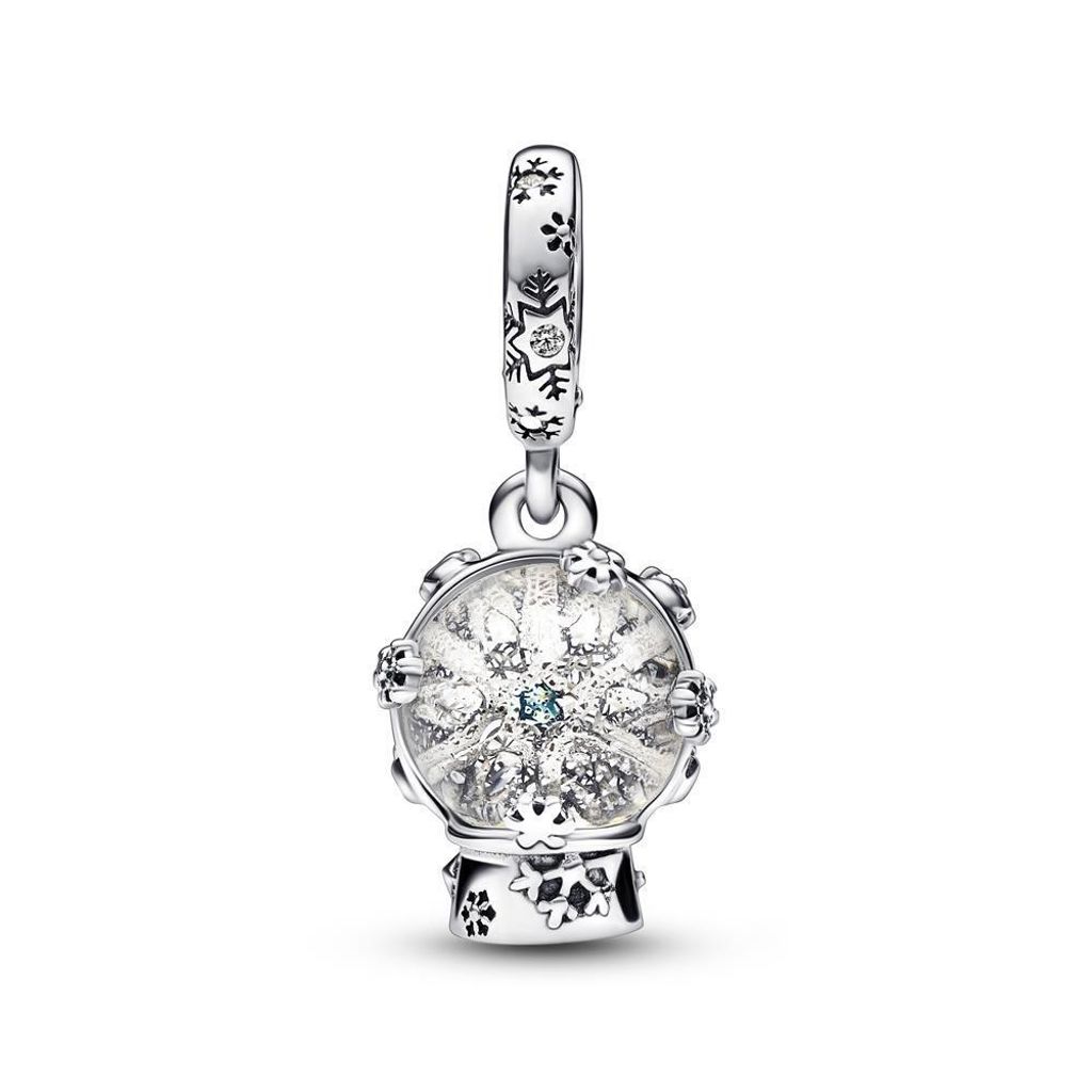 A silver charm shaped like a snow globe with snowflakes inside, hanging from a bail.