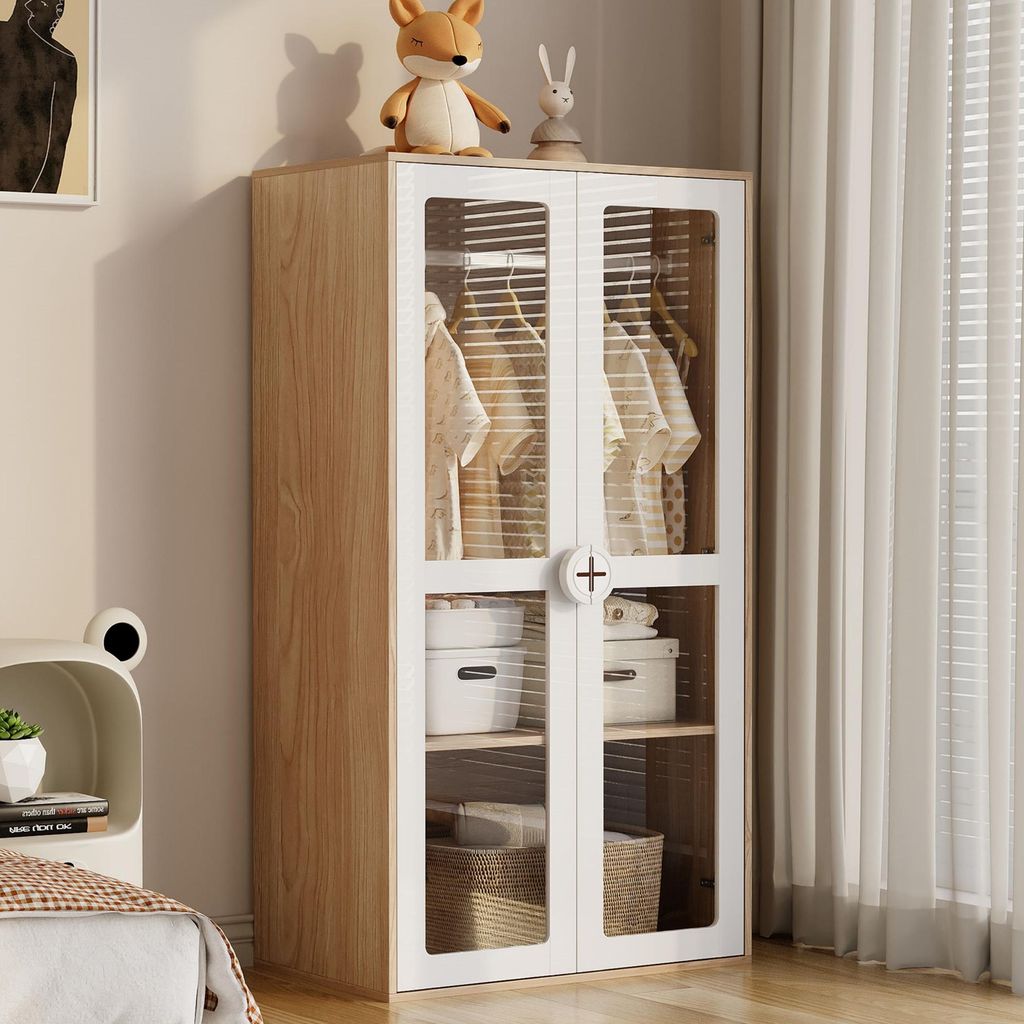 okwish 2er Kinderkleiderschrank mit zweitüriger Glas-Tür und Kleiderstange,Schlafzimmerschrank mit Keks-Form-Holzgriffen und verschiebbaren Regal...