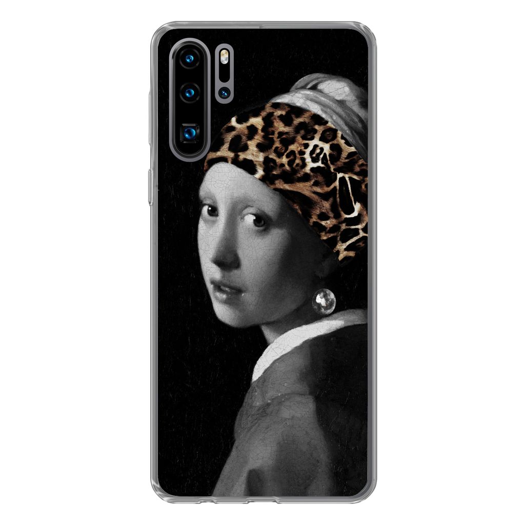 MuchoWow Handyhülle Schutzhülle Hülle für Huawei P30 Pro Mädchen mit dem Aufdruck - Pantheraufdruck - Schwarz - Weiß Silikon Softcase Handy...