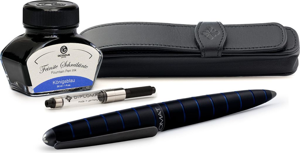 Diplomat Elox Ring Füllfederhalter-Set in Schwarz-Blau mit Füllfederhaltertinte in Königsblau und Etui aus echtem Leder