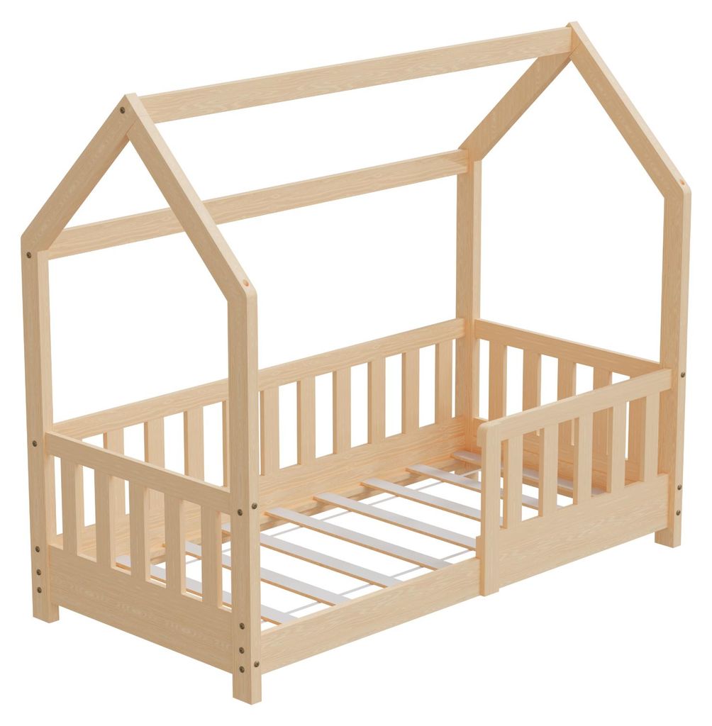 HAGO24 Kinderbett 70x140cm Natur Hausbett Dach Rausfallschutz Massivholz Kiefer Spielbett Lattenrost Bodentief Montessori