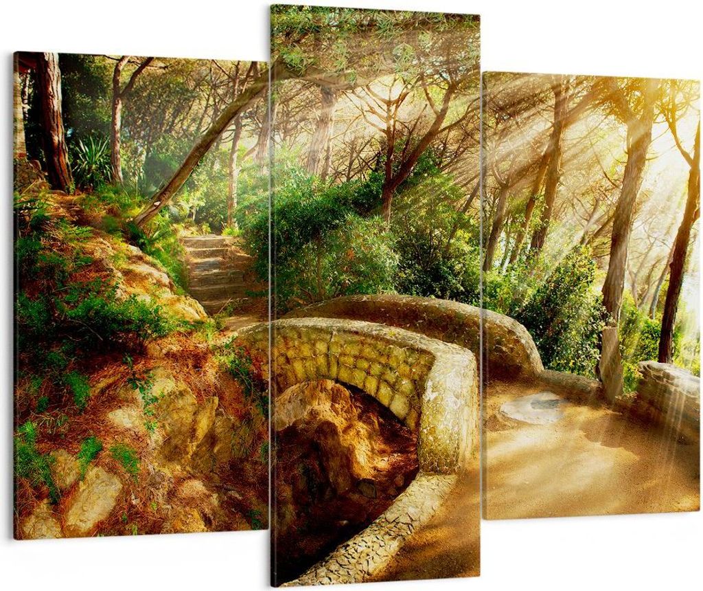 Bild auf Leinwand - Leinwandbild - Pfad Steinbrücke Wald Herbst - 130x100cm - Wand Bild - Wanddeko - Leinwanddruck - Bilder - Kunstdruck - Wanddek...