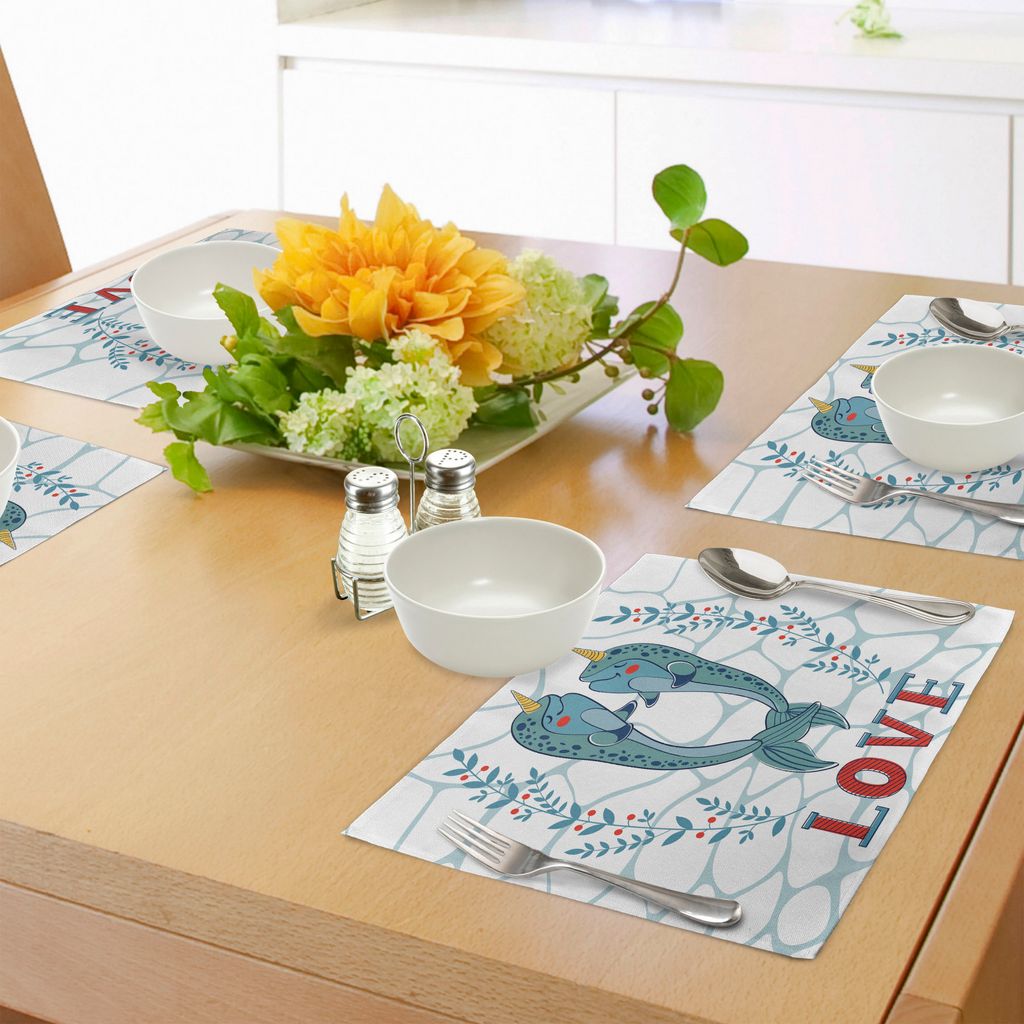 ABAKUHAUS Narwal Platzmatten, EIN Paar Narwal-Wale in der Liebes-Valentinsgruß-Tagesabbildung mit abstraktem Hintergrund, Tiscjdeco aus Farbfesten...