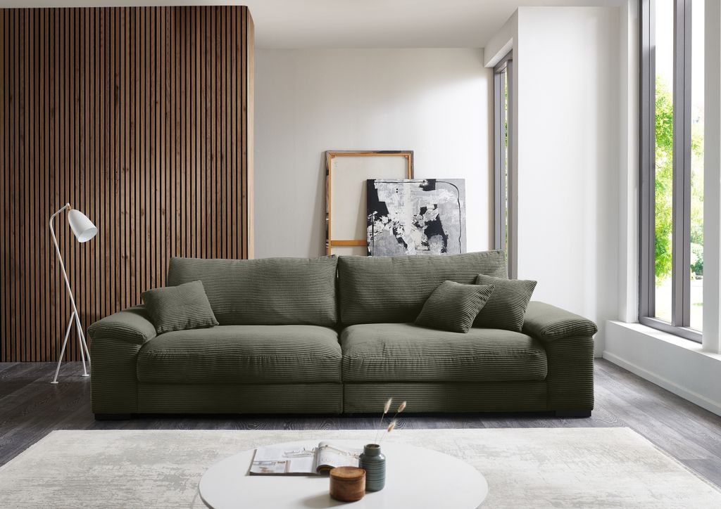 Big-Sofa >Adriena< 5 Kissen, Daune, in Cord oliv - 288x90x106cm (BxHxT)