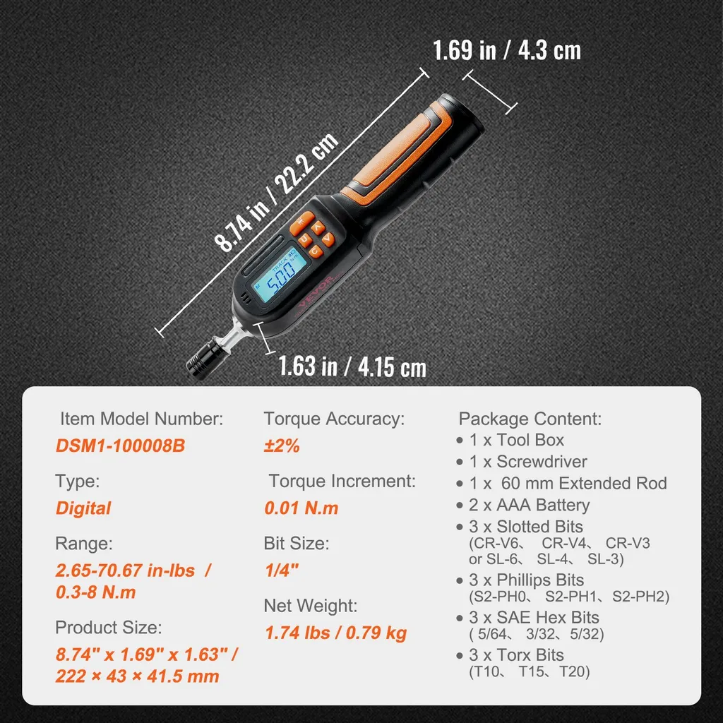 Tournevis dynamométrique numérique 1/4" 0.3-8 Nm avec écran LCD précis