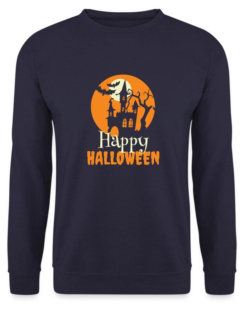 Spreadshirt Happy Halloween Spukhaus Mit Vollmond Und Fledermaus Uni Pullover, S, Navy