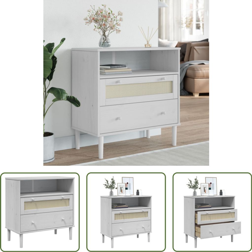 The Living Store Sideboard SENJA Rattan-Optik Weiß 80x40x80 cm Kiefernholz