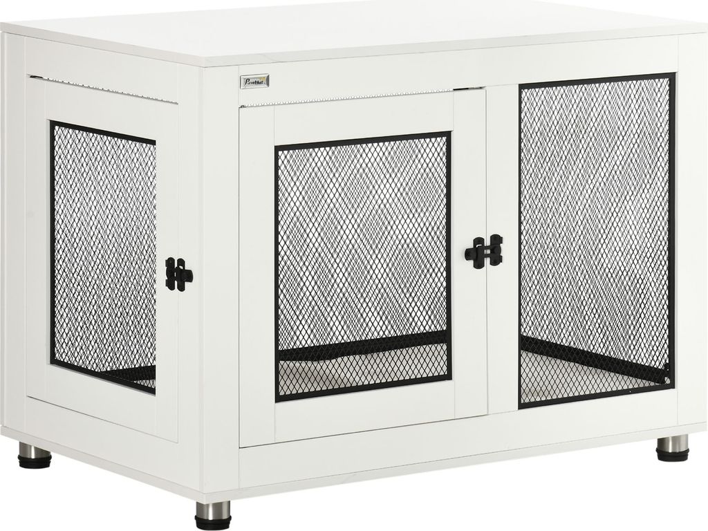 A white dog crate with black mesh panels and silver feet, shown from a three-quarter front view.