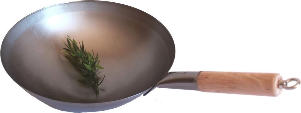 Wok Pfanne 31 cm Ø runder Boden zum Aufhängen mit Holzgriff und Öse, AAF Nommel
