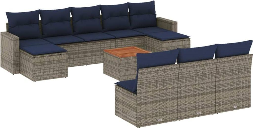 vidaXL 11-teiliges Gartensofa-Set mit Kissen, grau, Polyrattan