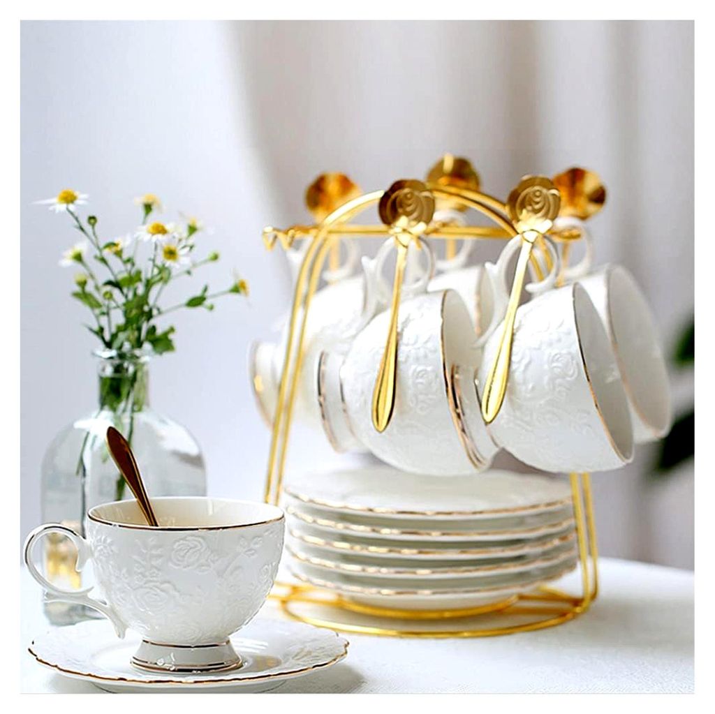 Tassen- und Untertassen-Set, Präsentationsständer mit 6 Tassenhaken, goldfarben, Edelstahl-Halter, Organizer für Kaffee und Tee