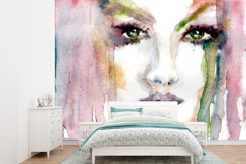 MuchoWow Fototapete für Wohnzimmer oder Schlafzimmer Wandtapete Vinyl Motivtapete Aquarell einer Frau - 385x280 cm - Wallpaper