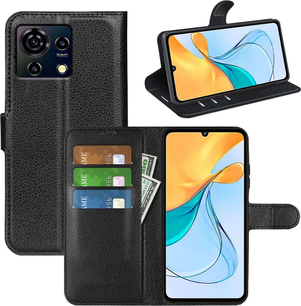 A black leather wallet-style phone case for a ZTE Blade V50 Vita is shown, with the phone inserted and displayed on its screen. The case also features card slots and a money pocket.