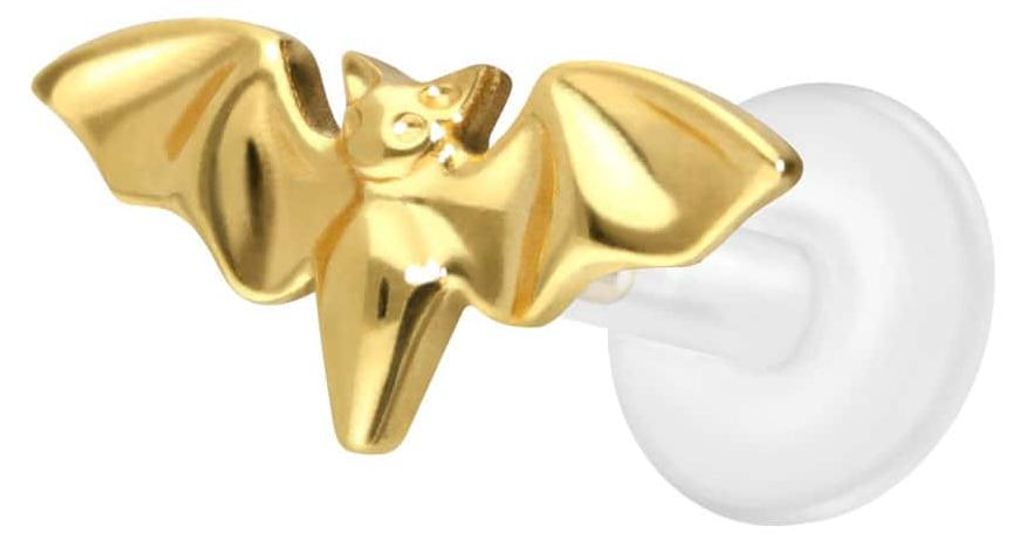 Ohrpiercing, Nasenpiercing PTFE Labret mit Innengewinde + Titan-Aufsatz FLEDERMAUS Gold Stablänge: 6mm | Stabstärke: 1,2mm