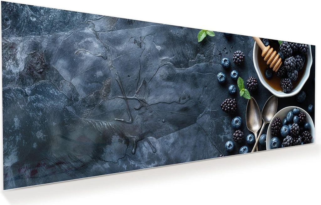 Glasbild 150x60cm in XXL für Wohnzimmer, Schlafzimmer Motiv Blaubeeren Stillleben