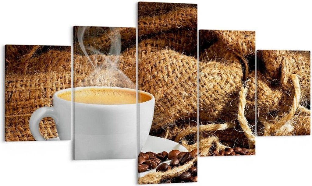 Bild auf Leinwand - Leinwandbild - Cappuccino Tasse Körner Beutel - 125x70cm - Wand Bild - Wanddeko - Leinwanddruck - Bilder - Kunstdruck - Wandde...
