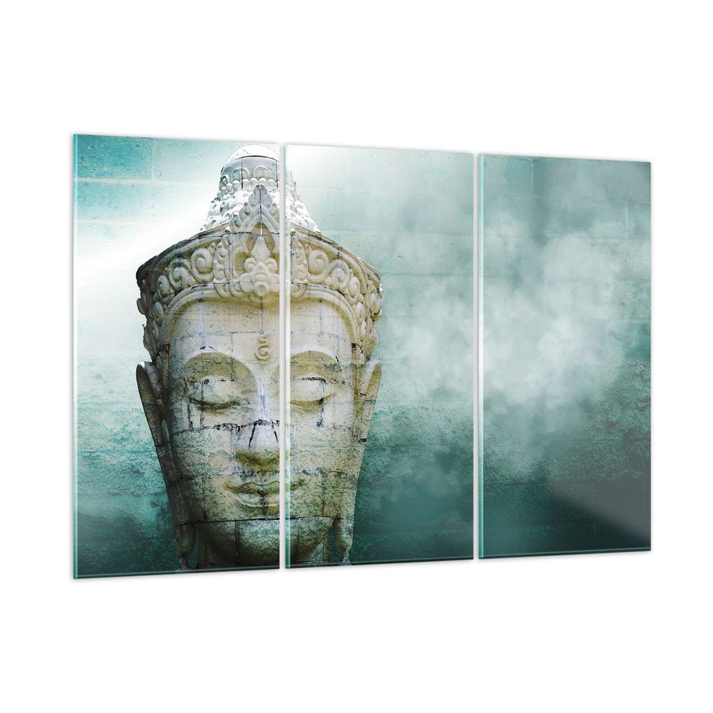 Bilder auf glas - 3 Teile - Buddha Grafik Türkis - 105x70cm - Glasbilder - Wandbilder - Bilder - zum Aufhängen bereit - Wanddekoration aus Glas -...