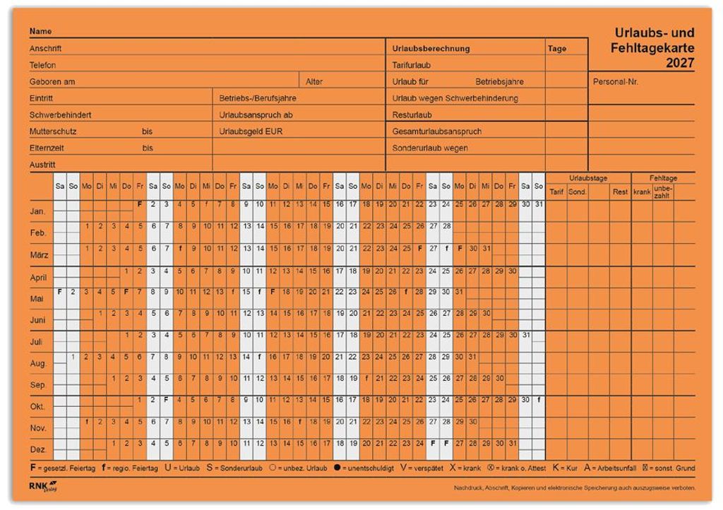 RNK Verlag : Carte de congés et d'absences 2027 sous forme Image du produit 